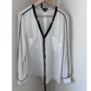 Metaphor Womens XL White Black V-Neck Roll Tab Sleeve Pocket Blouse minimalist